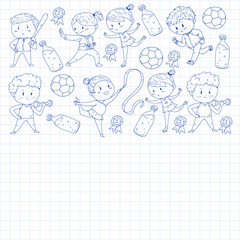 Children and sport. Vector illustration of activities. Football, soccer, running, dancing, martial arts. Health care in school and kindergarten.