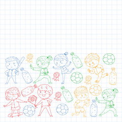 Children and sport. Vector illustration of activities. Football, soccer, running, dancing, martial arts. Health care in school and kindergarten.