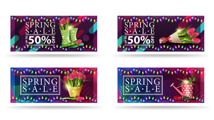Spring sale, up to 50% off, set of spring modern purple discount banners with bouquets of flowers. Discount banners with abstract geometric backgrounds