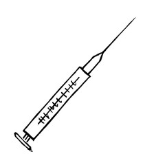 Black and white hand drawn syringe illustration.