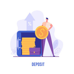Man puts money on deposit safe with coins and portfolio. Concept of bank account, banking, deposit, bank security and safety. Vector illustration in flat design for UI, web banner, mobile app