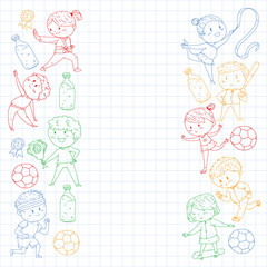 Children and sport. Vector illustration of activities. Football, soccer, running, dancing, martial arts. Health care in school and kindergarten.
