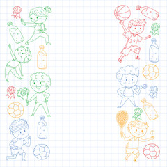 Children and sport. Vector illustration of activities. Football, soccer, running, dancing, martial arts. Health care in school and kindergarten.