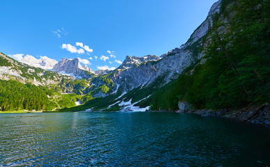 Fototapeta na wymiar Beautiful Hinterer Gosausee lake landscape with Dachstein mountains in Austrian Alps. Salzkammergut region.