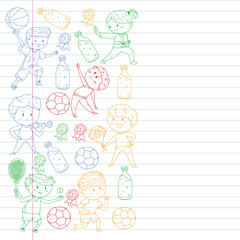 Children and sport. Vector illustration of activities. Football, soccer, running, dancing, martial arts. Health care in school and kindergarten.