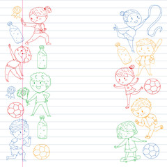 Children and sport. Vector illustration of activities. Football, soccer, running, dancing, martial arts. Health care in school and kindergarten.