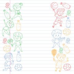 Children and sport. Vector illustration of activities. Football, soccer, running, dancing, martial arts. Health care in school and kindergarten.