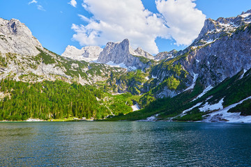 Fototapeta premium Beautiful Hinterer Gosausee lake landscape with Dachstein mountains in Austrian Alps. Salzkammergut region.