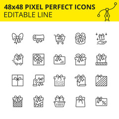Editable Icons of Gifts, Surprises and Shopping. Includes Gift card, Delivery, Boxes, Сart etc. Pixel Perfect, 48x48  Scale Set. Vector.