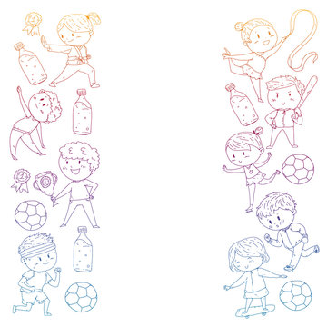 Children and sport. Vector illustration of activities. Football, soccer, running, dancing, martial arts. Health care in school and kindergarten.