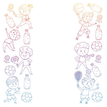 Children and sport. Vector illustration of activities. Football, soccer, running, dancing, martial arts. Health care in school and kindergarten.