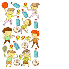 Obraz na płótnie Canvas Children and sport. Vector illustration of activities. Football, soccer, running, dancing, martial arts. Health care in school and kindergarten.