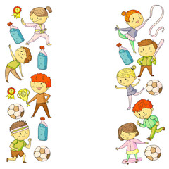 Naklejka premium Children and sport. Vector illustration of activities. Football, soccer, running, dancing, martial arts. Health care in school and kindergarten.