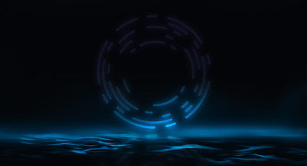 Dark abstract futuristic background. The geometric shape of the cyber circle in the middle of the scene. Neon blue-pink rays of light on a dark background