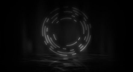 Dark abstract futuristic background. The geometric shape of the cyber circle in the middle of the scene. Neon blue-pink rays of light on a dark background