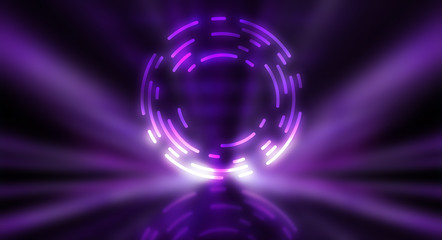 Dark abstract futuristic background. The geometric shape of the cyber circle in the middle of the scene. Neon blue-pink rays of light on a dark background