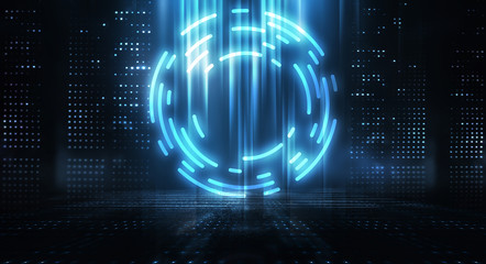 Dark abstract futuristic background. The geometric shape of the cyber circle in the middle of the scene. Neon blue-pink rays of light on a dark background