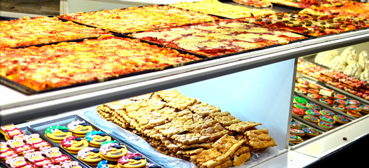 Italian pizza in a shop window of Bergamo, Italy