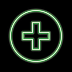 Green neon medical cross. Vector silhouette of neon medical cross consisting of outline, with backlight on the dark background