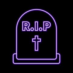 Glowing neon Tombstone with RIP written on it icon isolated on dark background. Grave icon. Vector Illustration