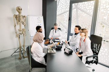 Multiethnical team of young doctors scientists having conversation, preparing to new scientific project. Modern lab room, human skeleton and clipboard with biochemical subctances on the background