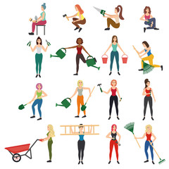 Fototapeta na wymiar A set of slim, strong and beautiful girls with garden tools and work tools in their hands. Stock vector illustration for decoration and design, web pages, cards, banners, magazines, posters, textiles