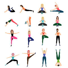 Fototapeta na wymiar Girls in different yoga poses isolated on white background. Asanas, sports, movements. Stock vector illustration for decoration and design, web pages, banners, posters, magazine