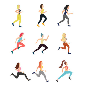 Young and running cheerful girls in different poses isolated on white background. Women with different hair colors and hairstyles. Fast running, marathon, hobby. Stock vector illustration for design