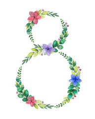 March 8 Women's Day watercolor flower frame, wreath in shape of number eight