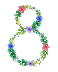 March 8 Women's Day watercolor flower frame, wreath in shape of number eight