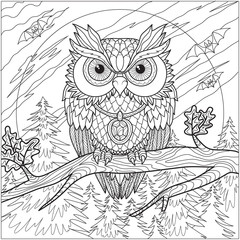 stylization of an owl sitting on a branch against the moon, night, bats, for coloring for adults, t-shirts with a pattern, poster, etc.