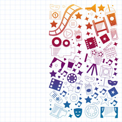 Vector pattern with cinema icons. Movie Theater, TV, popcorn, video clips, musical