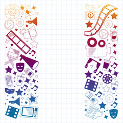 Vector pattern with cinema icons. Movie Theater, TV, popcorn, video clips, musical