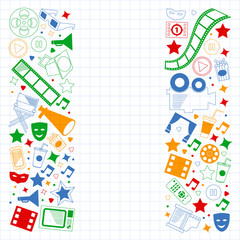 Fototapeta premium Vector pattern with cinema icons. Movie Theater, TV, popcorn, video clips, musical