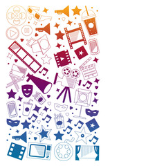 Vector pattern with cinema icons. Movie Theater, TV, popcorn, video clips, musical