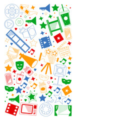 Vector pattern with cinema icons. Movie Theater, TV, popcorn, video clips, musical