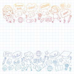 Dialog clouds with HELLO Vector pattern for language class, online courses. English, arabic, italian, japanese, spanish, chinese, german.