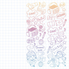 Dialog clouds with HELLO Vector pattern for language class, online courses. English, arabic, italian, japanese, spanish, chinese, german.