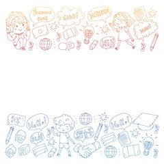 Dialog clouds with HELLO Vector pattern for language class, online courses. English, arabic, italian, japanese, spanish, chinese, german.