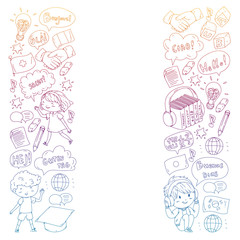 Dialog clouds with HELLO Vector pattern for language class, online courses. English, arabic, italian, japanese, spanish, chinese, german.