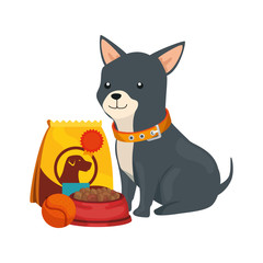 cute dog with bag food and icons