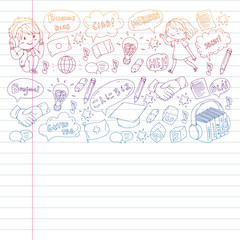 Dialog clouds with HELLO Vector pattern for language class, online courses. English, arabic, italian, japanese, spanish, chinese, german.