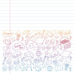 Dialog clouds with HELLO Vector pattern for language class, online courses. English, arabic, italian, japanese, spanish, chinese, german.