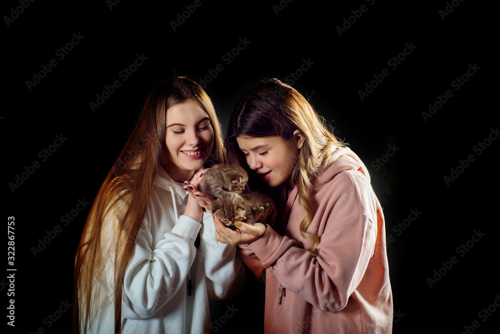 Wall mural two happy beautiful teenage girls are holding a kitten. funny girlfriends gently care for their pet.