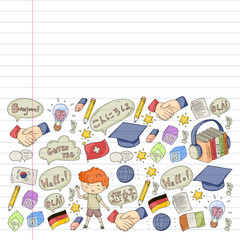 Obraz premium Dialog clouds with HELLO Vector pattern for language class, online courses. English, arabic, italian, japanese, spanish, chinese, german.
