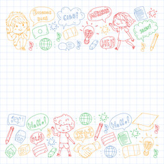 Dialog clouds with HELLO Vector pattern for language class, online courses. English, arabic, italian, japanese, spanish, chinese, german.