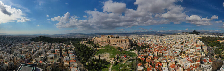 Fototapeta na wymiar Aerial drone panoramic photo of urban city of Athens and famous Acropolis hill and the Parthenon, Attica, Greece