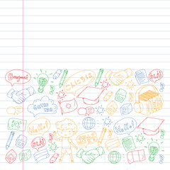 Dialog clouds with HELLO Vector pattern for language class, online courses. English, arabic, italian, japanese, spanish, chinese, german.