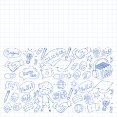 Dialog clouds with HELLO Vector pattern for language class, online courses. English, arabic, italian, japanese, spanish, chinese, german.