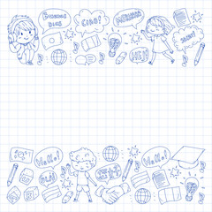 Dialog clouds with HELLO Vector pattern for language class, online courses. English, arabic, italian, japanese, spanish, chinese, german.